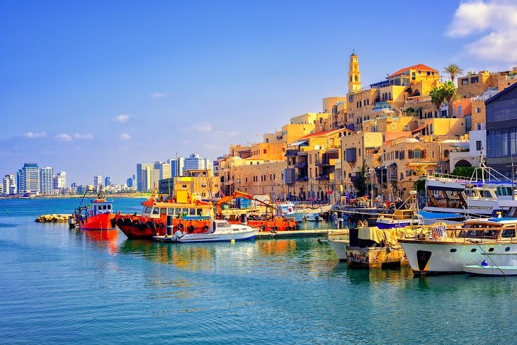 Tel Aviv_Old town and port of Jaffa and modern skyline of Tel Aviv city, Israel