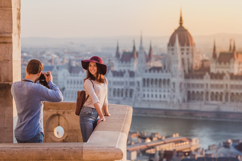 Couple taking a photo in Budapest