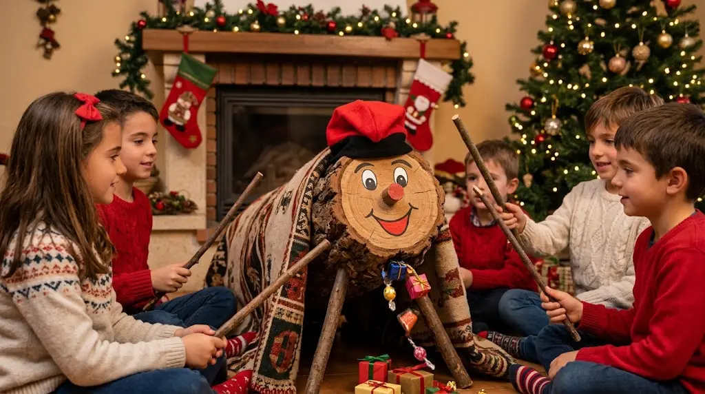 Children striking a wooden Caga Tió log with a stick during a Catalan Christmas tradition