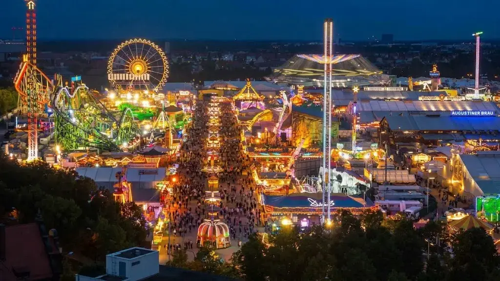 Overhead shot of Munich carnival grounds lit up at night
