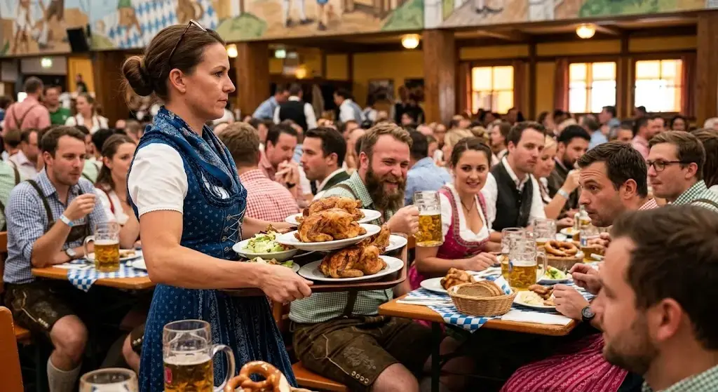Server presenting traditional Bavarian roast chicken at beer tent table