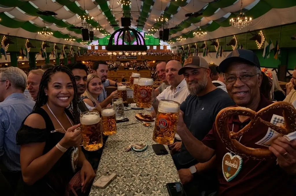 Friends enjoying traditional Bavarian pretzels and beer together
