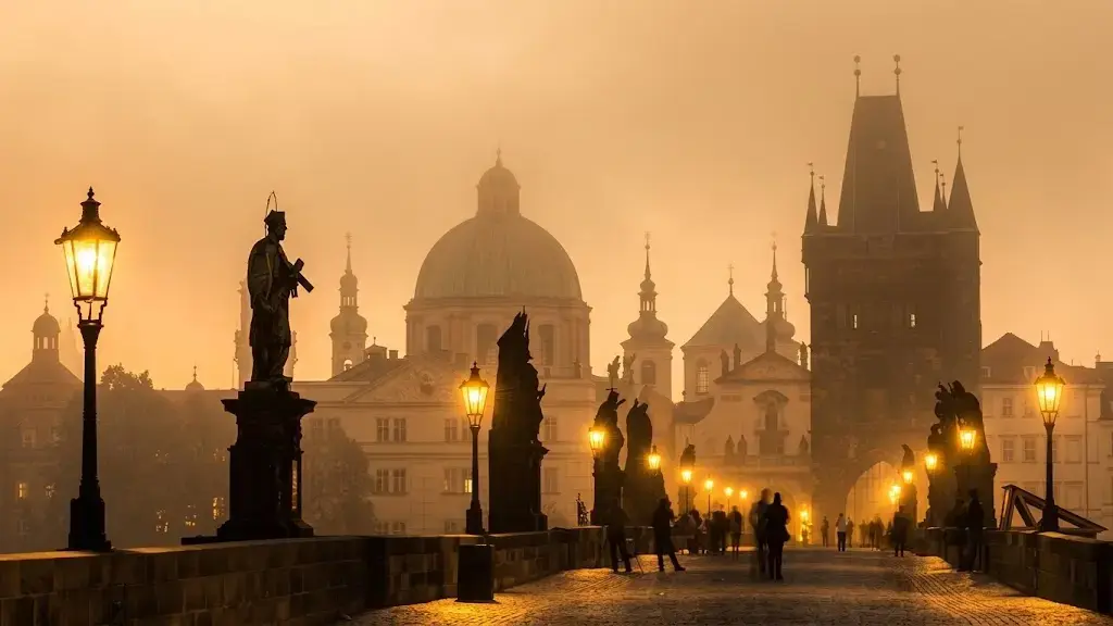 Prague's iconic Charles Bridge in evening light
